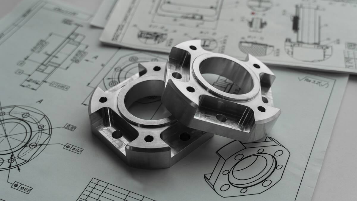 Precision-machined steel parts resting on technical drawings